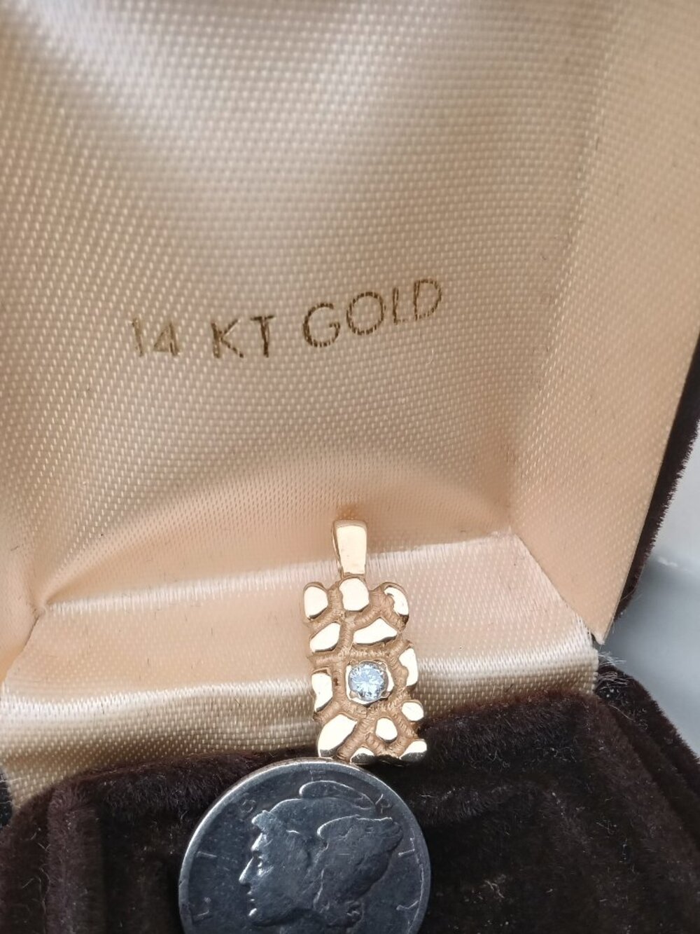 Solid 14kt Pebbled Gold Pendant w/Diamond
